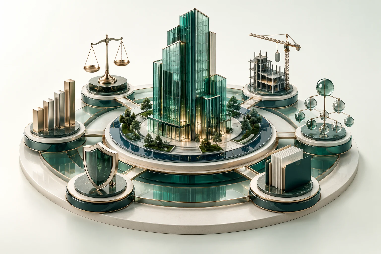 Conceptual 3D illustration of company, financial, legal, execution, ownership and compliance analysis